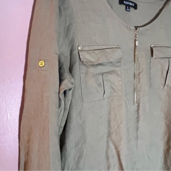 Ellen Tracy linen Large popover top Shirt Olive ling line rolled Sleeves 1/2 Zip - Picture 7 of 10